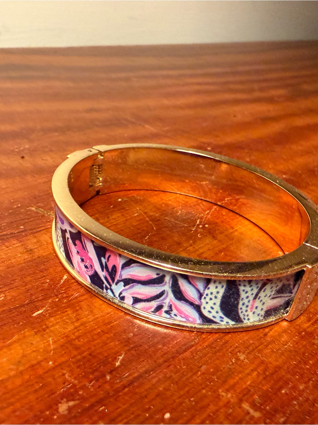 Lilly Pulitzer Gold-Tone Bangle With Pink And Navy Floral Enamel